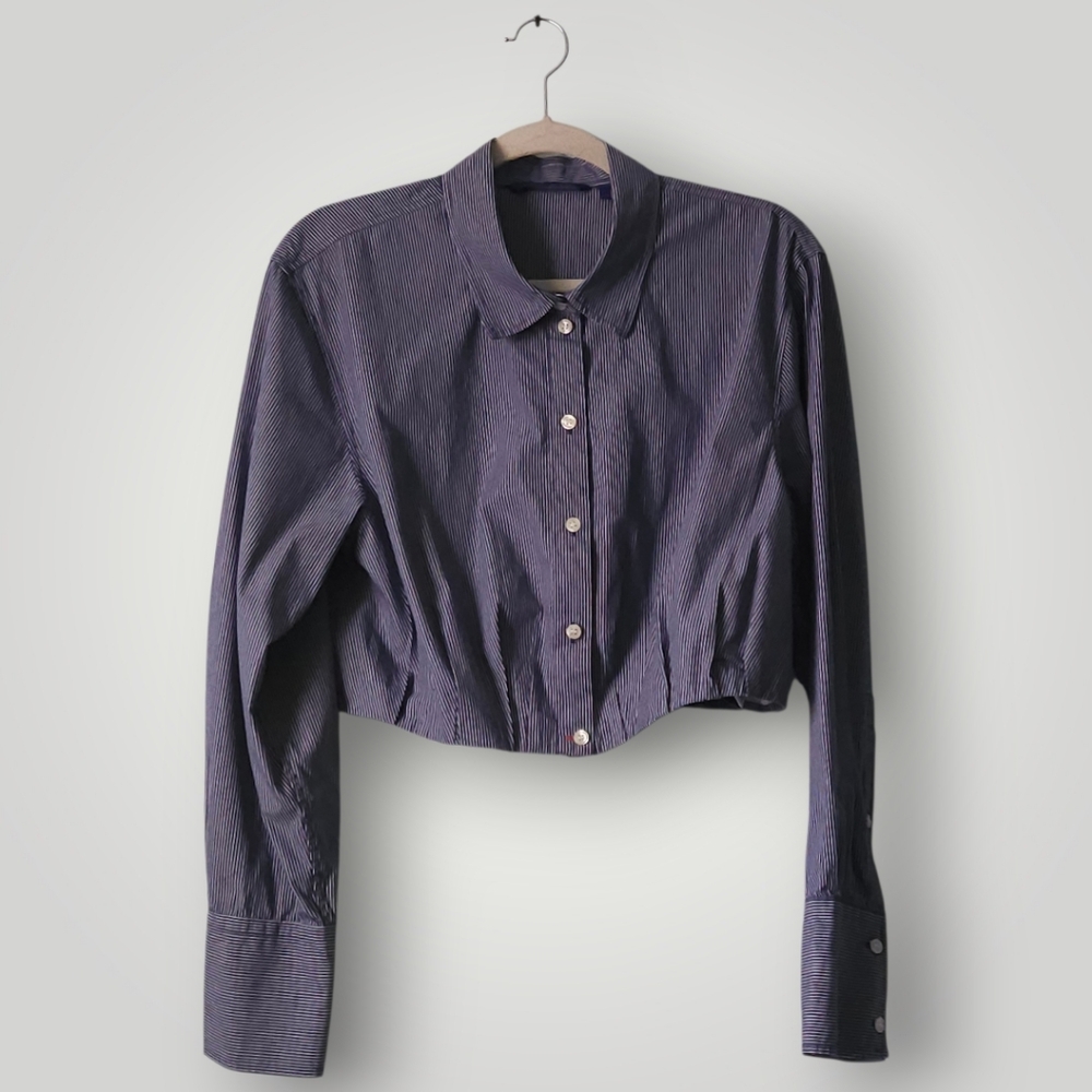 GAP Womens Large Cropped Pinstripe Shirt Navy Blue Office Siren Quiet Luxury 100 - Picture 3 of 9